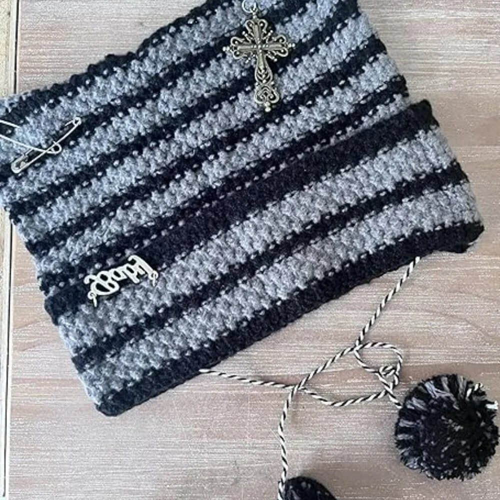 Crochet Cat‎ Ear Beanie Women Goth Y2K Slouchy Knit Hat with Fox Ears & Pom Pom